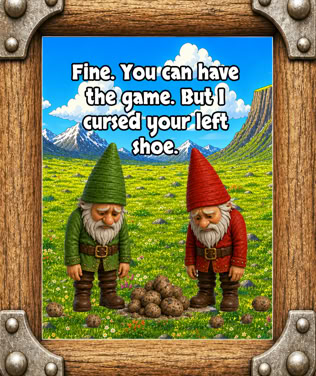 Two gnomes with green and red hats stand on grass, looking at a pile of rocks. Text above reads, "Fine. You can have the game. But I cursed your left shoe." The image is framed with a wooden border.