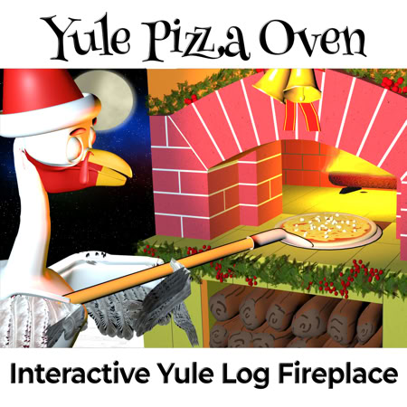 The picture is captioned with,"Yule PIzza Oven: Interactive Yule Log Fireplace." A cartoon turkey wearing a Santa's hat is placing a pie in the pizza oven which is fired up and hot.