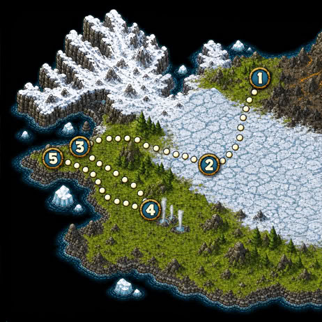 An Iceland map with a path marked by numbered circles from 1 to 5, crossing snowy mountains, icy terrain, and green fields.
