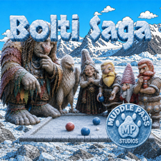 Illustration of fantasy characters, including a large troll and several dwarves, gathered around a game board with colored balls, set in a snowy mountainous landscape. The text "Bolti Saga" and "Muddle Pass Studios" is visible.